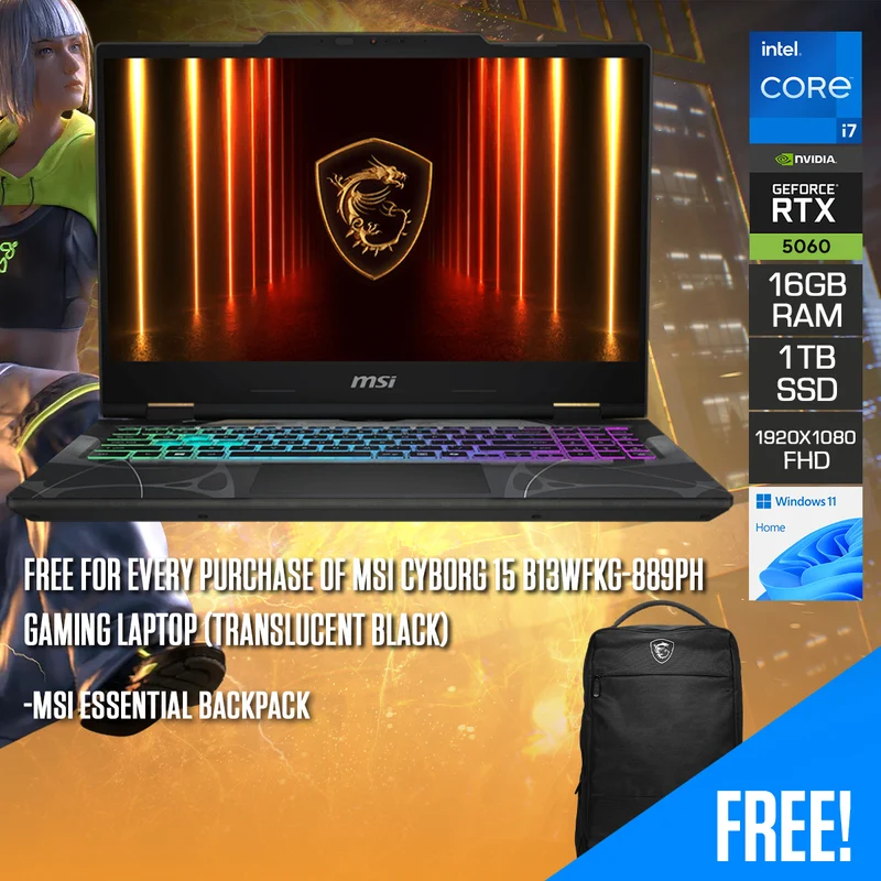 MSI Cyborg 15 B13WFKG-889PH Gaming Laptop (Translucent Black) | 15.6" FHD (1920x1080) 144Hz IPS | Core i7-13620H | 16GB RAM | 1TB SSD | RTX 5060 | Windows 11 Home | MSI Essential Backpack