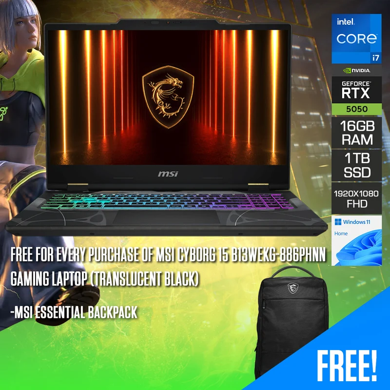 MSI Cyborg 15 B13WEKG-886PHNN Gaming Laptop (Translucent Black) | 15.6" FHD (1920x1080) 144Hz IPS | Core i7-13620H | 16GB RAM | 1TB SSD | RTX 5050 | Windows 11 Home | MSI Essential Backpack