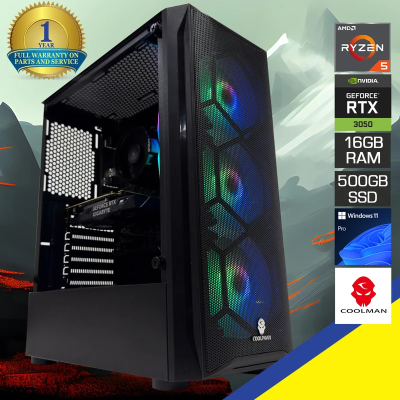 Alpha Aurora Gaming Black Desktop Gaming PC | AMD Ryzen 5 5600 | 16GB RAM | 500GB SSD | RTX 3050 | Windows 11 Pro