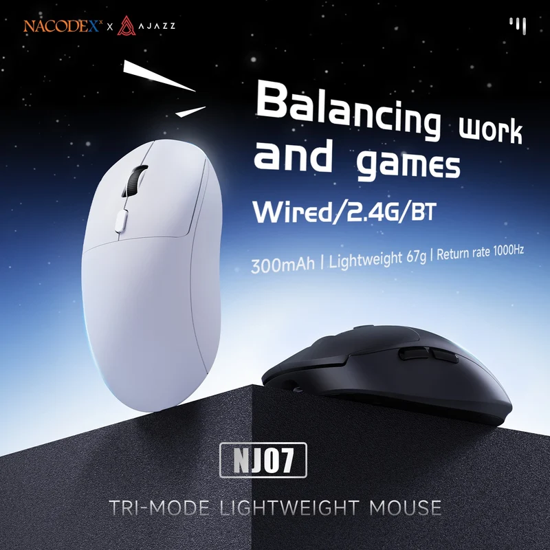 NacodeX x Ajazz NJ07 Tri-Mode Lightweight Gaming Mouse (Black, White)