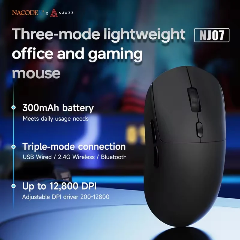 NacodeX x Ajazz NJ07 Tri-Mode Lightweight Gaming Mouse (Black, White)
