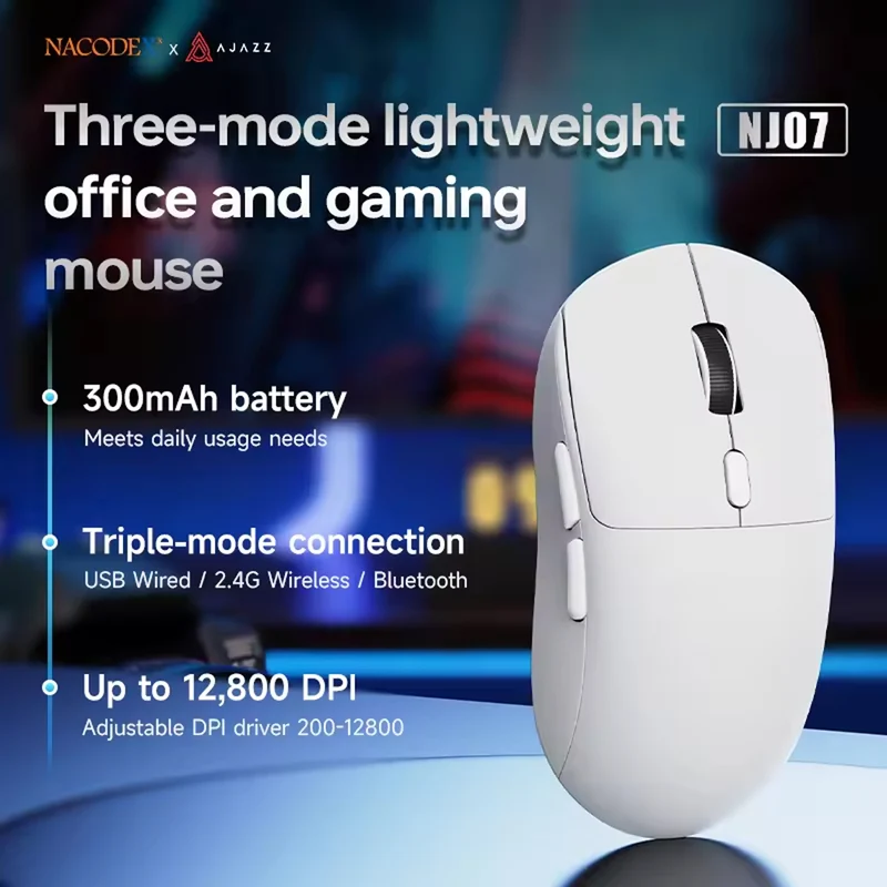 NacodeX x Ajazz NJ07 Tri-Mode Lightweight Gaming Mouse (Black, White)