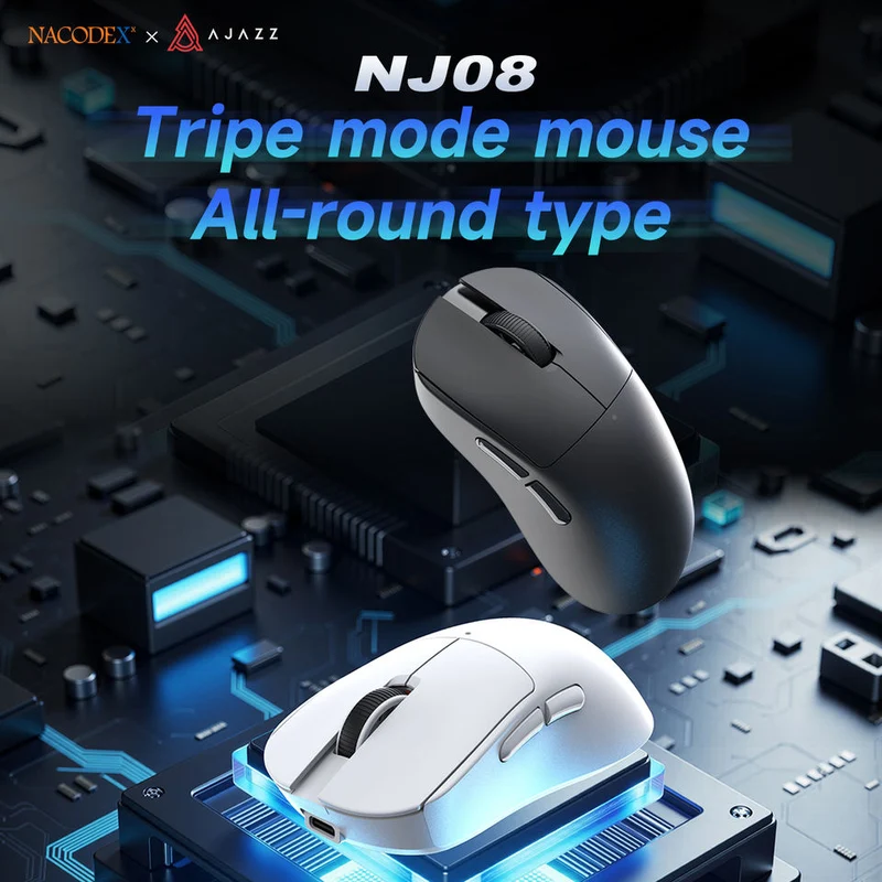 NacodeX x Ajazz NJ08 Tri-Mode RGB Gaming Mouse (Black, White)