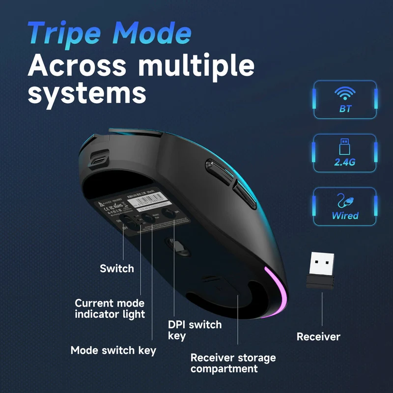 NacodeX x Ajazz NJ08 Tri-Mode RGB Gaming Mouse (Black, White)