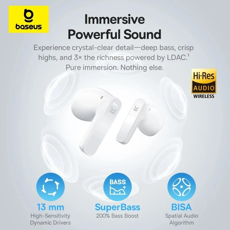 Baseus Bass BS1 NC Semi-in-Ear True Wireless Earbuds (Cosmic Black, Moon White) (A0010102, A0010103)
