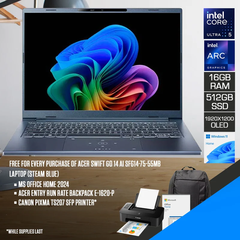 Acer Swift Go 14 AI SFG14-75-55MB Laptop (Steam Blue) | 14" WUXGA (1920x1200) OLED | Core Ultra 5 226V | 16GB RAM | 512GB SSD | Intel Arc Graphics 130V | Windows 11 Home | MS Office Home 2024 + Acer Entry Run Rate Backpack E-1620-P