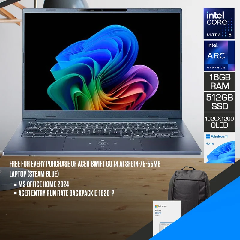 Acer Swift Go 14 AI SFG14-75-55MB Laptop (Steam Blue) | 14" WUXGA (1920x1200) OLED | Core Ultra 5 226V | 16GB RAM | 512GB SSD | Intel Arc Graphics 130V | Windows 11 Home | MS Office Home 2024 + Acer Entry Run Rate Backpack E-1620-P