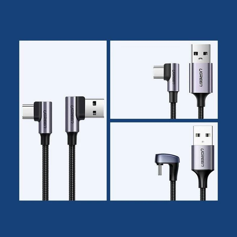 Ugreen Angled USB-C Male to Angled USB 2.0 A Male 3A Data Cable (Black) (0.5m, 2m) (US176)