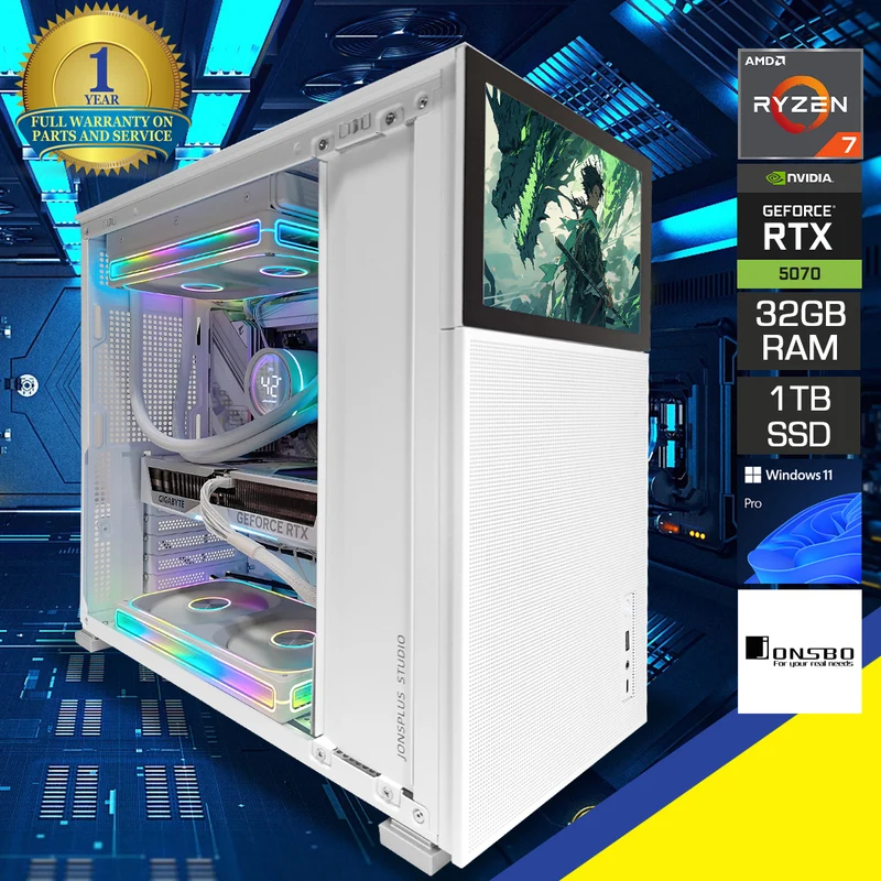 Optima D41 with 8" Display White Desktop Gaming PC | AMD Ryzen 7 7800X3D | 32GB RAM | 1TB SSD | RTX 5070 | Windows 11 Pro