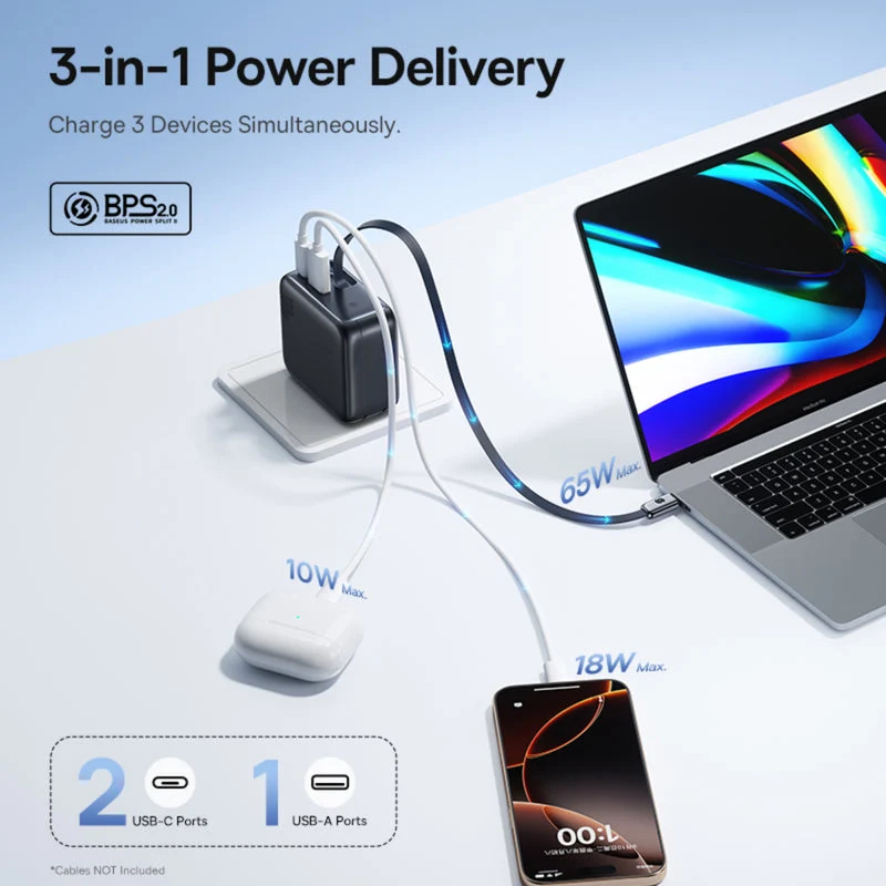 Baseus EnerCore CJ11 Fast Charger with Retractable Cable 2C+U 100W (Cluster Black) (E0120N00)