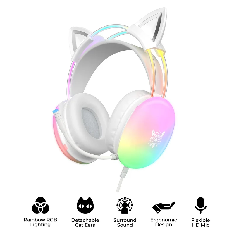Onikuma X25 Cat Ears RGB Professional Gaming Headset with Noise Cancellation Microphone (White)