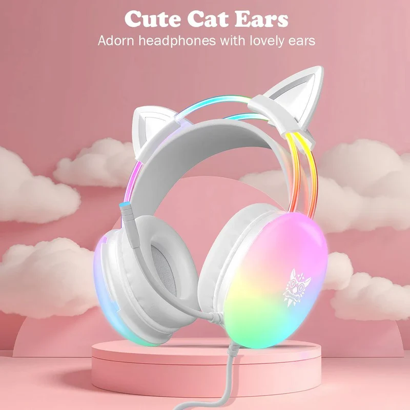 Onikuma X25 Cat Ears RGB Professional Gaming Headset with Noise Cancellation Microphone (White)