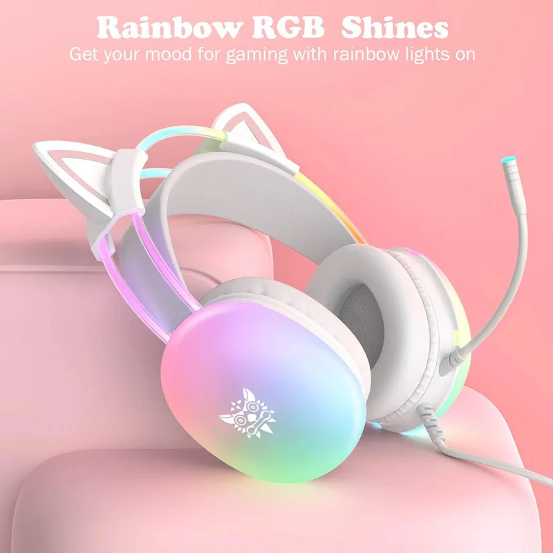 Onikuma X25 Cat Ears RGB Professional Gaming Headset with Noise Cancellation Microphone (White)