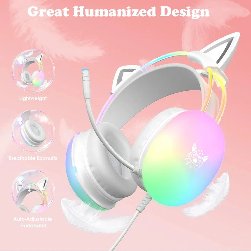 Onikuma X25 Cat Ears RGB Professional Gaming Headset with Noise Cancellation Microphone (White)