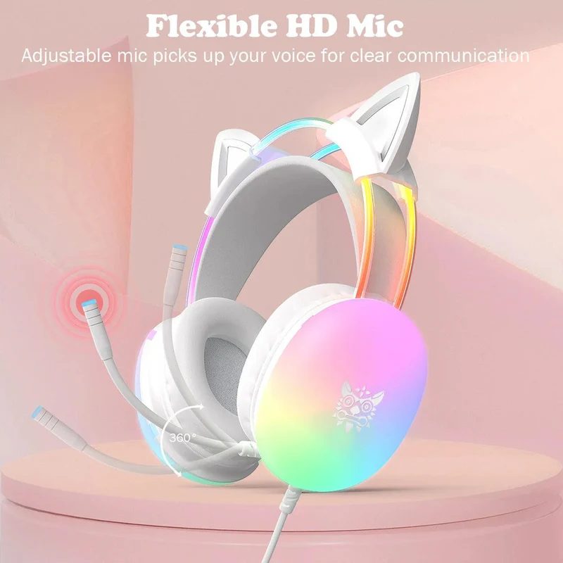 Onikuma X25 Cat Ears RGB Professional Gaming Headset with Noise Cancellation Microphone (White)