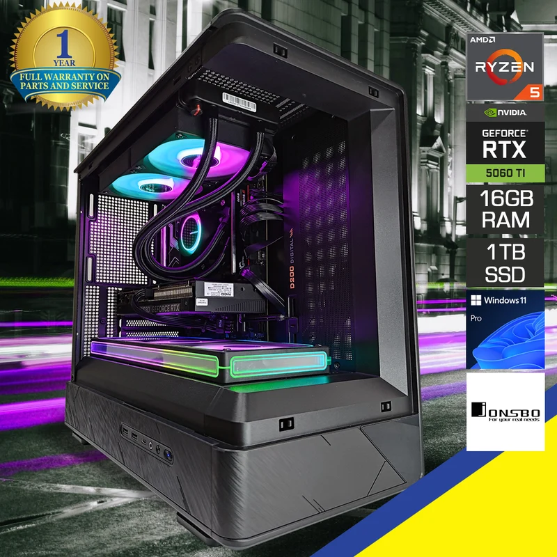 Aurora D200 Black Desktop Gaming PC | AMD Ryzen 5 7400 | 16GB RAM | 1TB SSD | RTX 5060 Ti | Windows 11 Pro