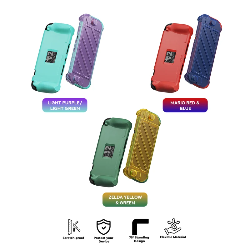 Skull & Co. HardShell Front Cover & Protective Case Bundle for Nintendo Switch 2 (Light Purple/Light Green, Zelda Yellow & Green, Mario Red & Blue)