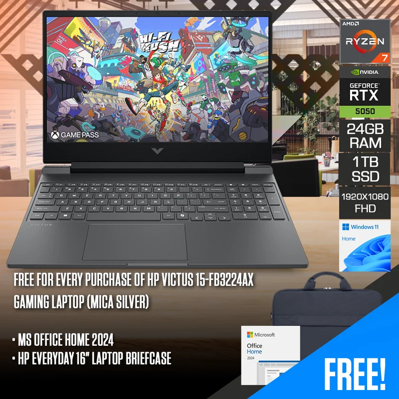 HP Victus 15-fb3224AX Gaming Laptop (Mica Silver) | 15.6" FHD (1920x1080) 144Hz IPS | Ryzen 7 260 | 24GB RAM | 1TB SSD | RTX 5050 | Windows 11 Home | MS Office Home 2024 + HP Everyday 16" Laptop Briefcase