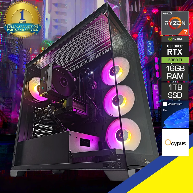Aurora C72 Black Desktop Gaming PC | AMD Ryzen 7 7700 | 16GB RAM | 1TB SSD | RTX 5060 Ti | Windows 11 Pro