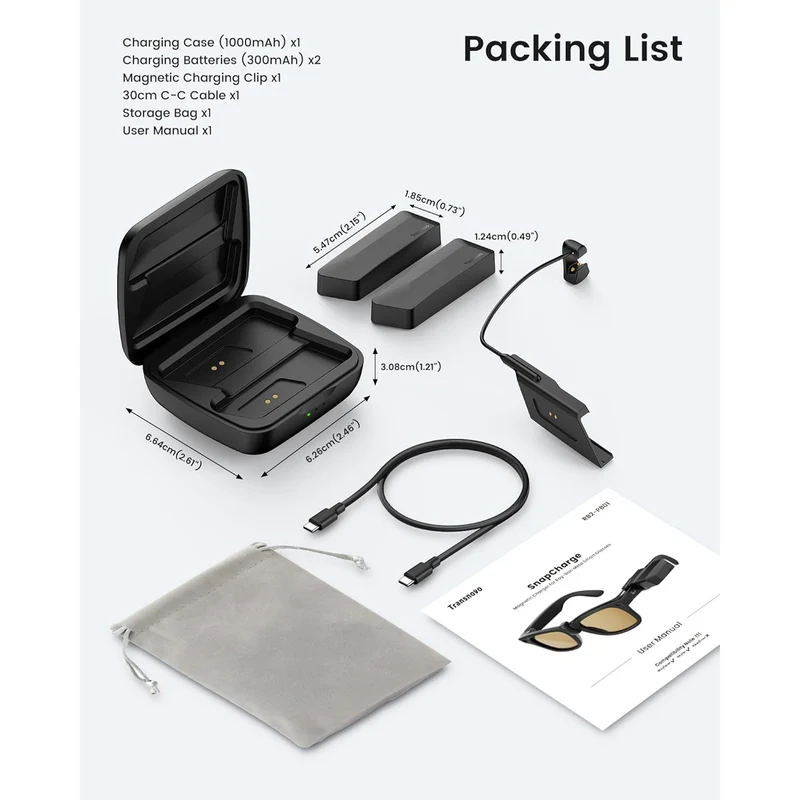 Transnovo Snap-On Portable Charger for Ray-Ban Meta Glasses (Black) (RB2-B)