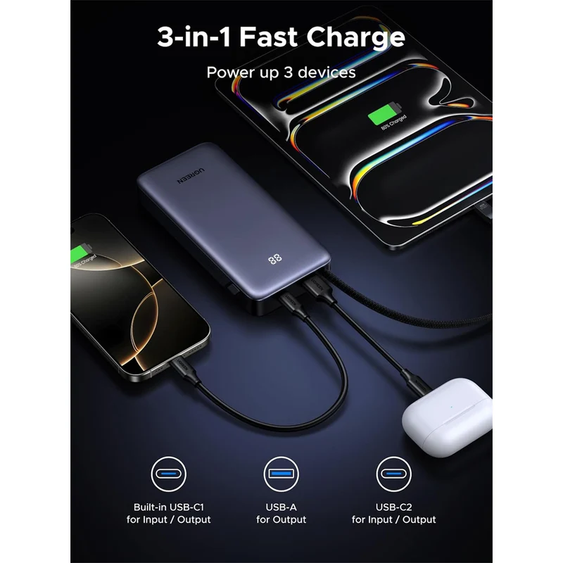 Ugreen 20000mAh 45W Power Bank with Built-in Cable (Grey) (PB536/55988B)