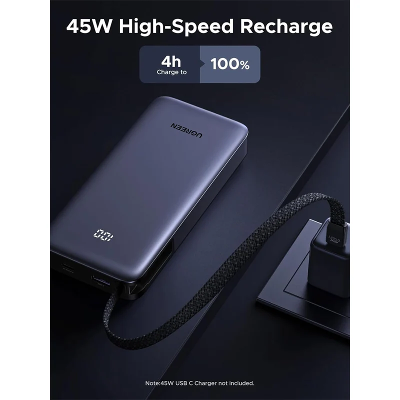 Ugreen 20000mAh 45W Power Bank with Built-in Cable (Grey) (PB536/55988B)