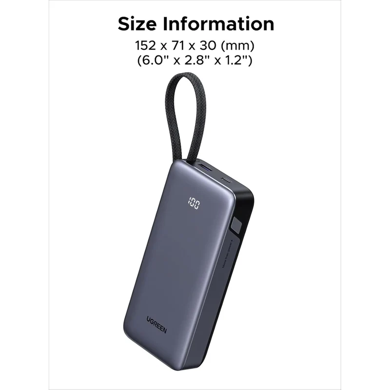 Ugreen 20000mAh 45W Power Bank with Built-in Cable (Grey) (PB536/55988B)