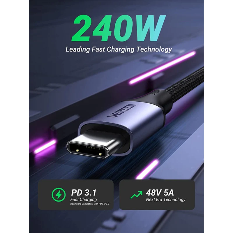 Ugreen USB-C to USB-C 240W PD Fast Charging Braided Cable - 2m (Space Grey) (US535/90440)