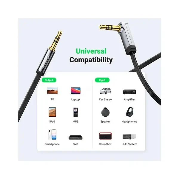 Ugreen 3.5mm Male to Male Angled Flat Cable - 2m (Black) (AV119/10599)