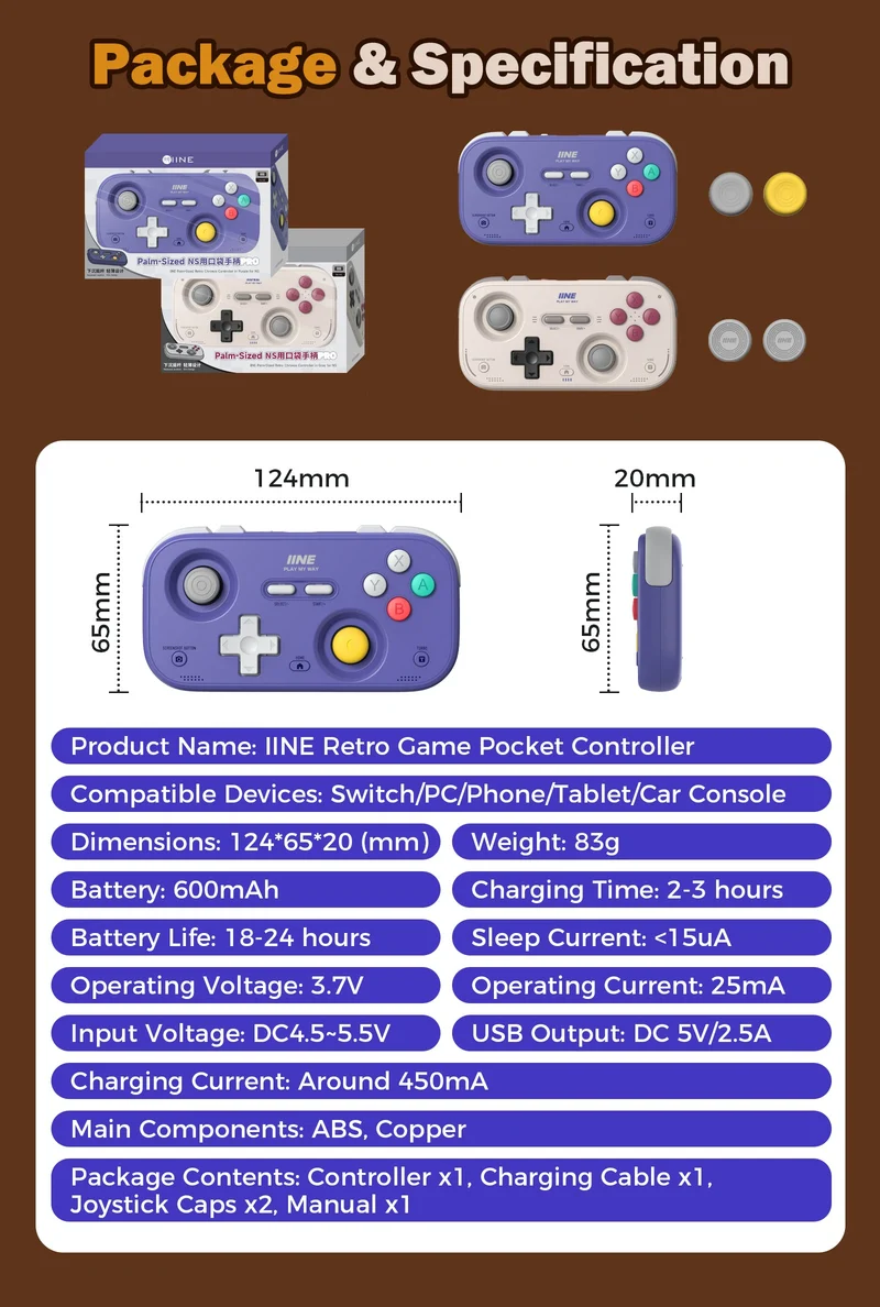 IINE Palm-Sized Retro Chronos Controller for Nintendo Switch (Grey, Purple) (L1194, L1195)