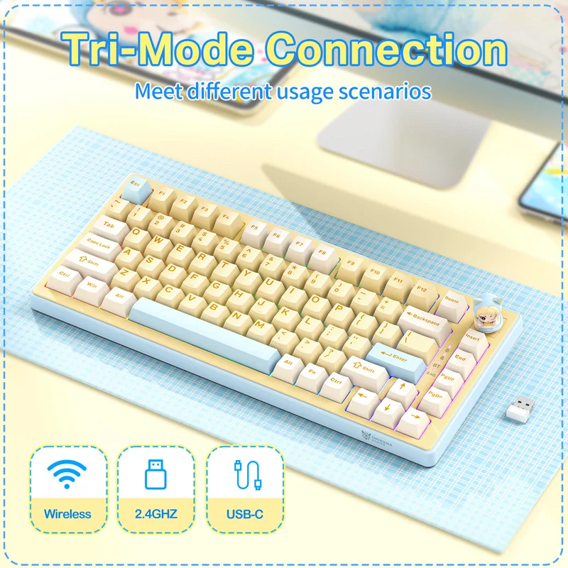 Onikuma MT707 Tri-Mode RGB 81 Keys Mechanical Keyboard with Creative Doll Knob (Yellow)