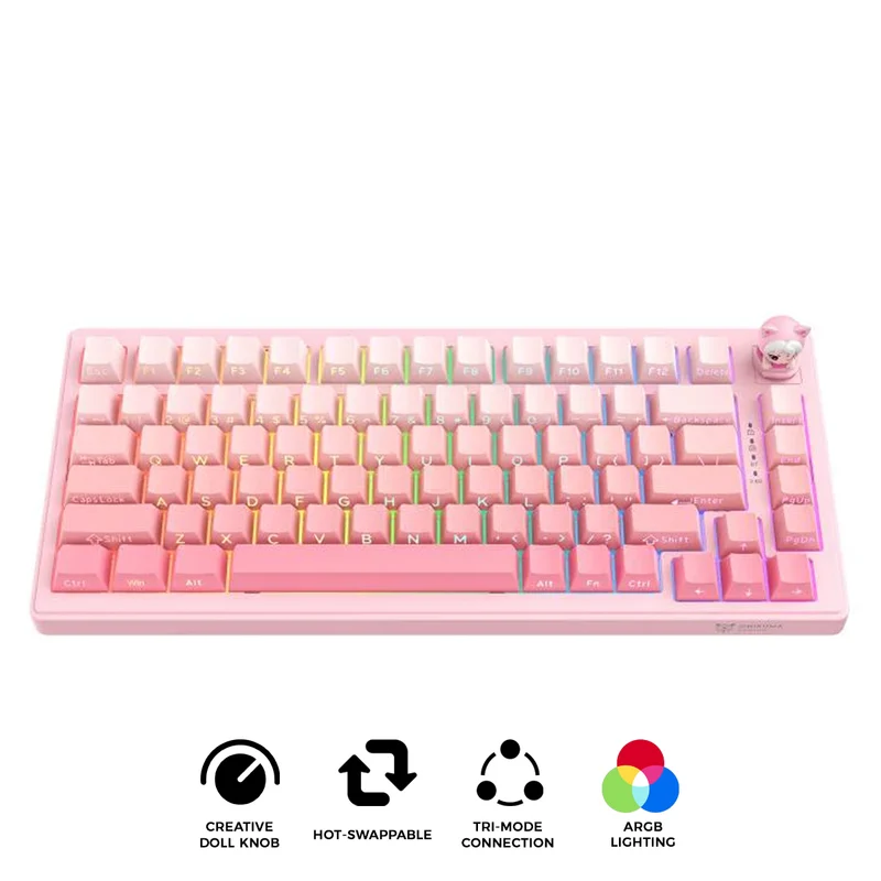 Onikuma MT707 Tri-Mode RGB 81 Keys Mechanical Keyboard with Creative Doll Knob (Pink)