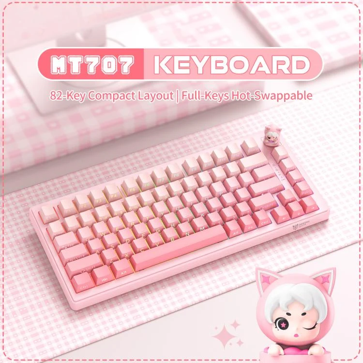 Onikuma MT707 Tri-Mode RGB 81 Keys Mechanical Keyboard with Creative Doll Knob (Pink)