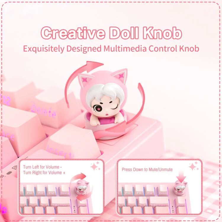 Onikuma MT707 Tri-Mode RGB 81 Keys Mechanical Keyboard with Creative Doll Knob (Pink)