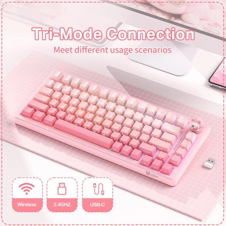 Onikuma MT707 Tri-Mode RGB 81 Keys Mechanical Keyboard with Creative Doll Knob (Pink)