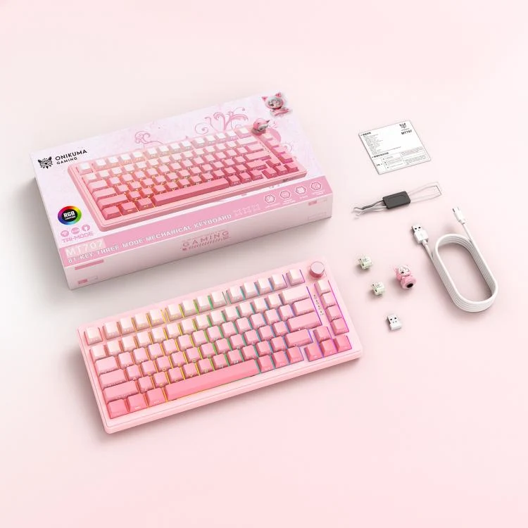 Onikuma MT707 Tri-Mode RGB 81 Keys Mechanical Keyboard with Creative Doll Knob (Pink)