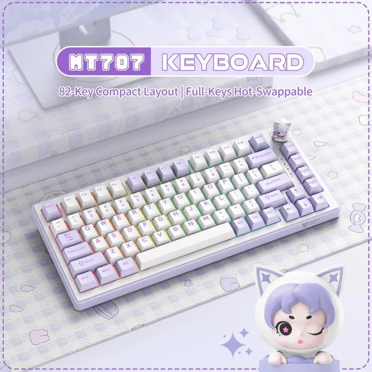 Onikuma MT707 Tri-Mode RGB 81 Keys Mechanical Keyboard with Creative Doll Knob (Purple)