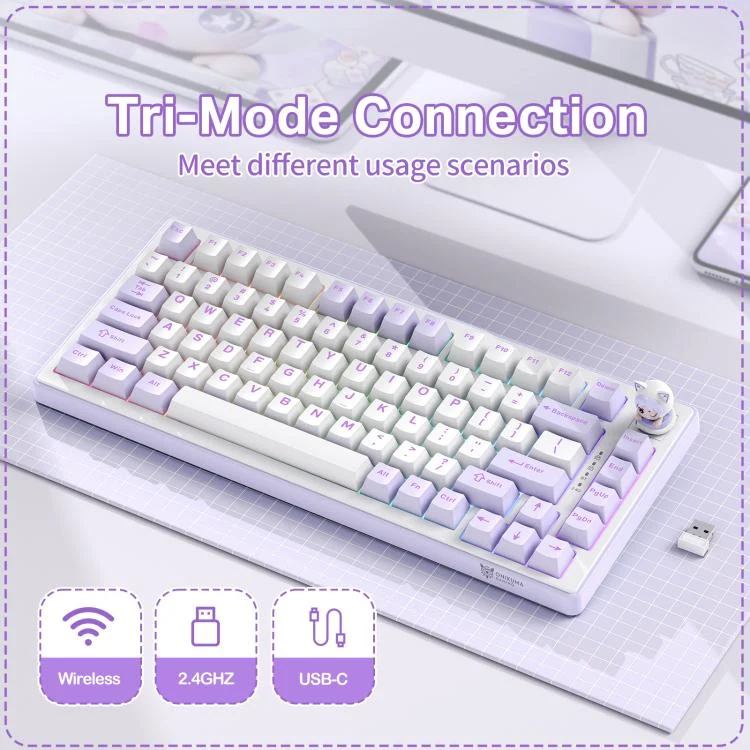 Onikuma MT707 Tri-Mode RGB 81 Keys Mechanical Keyboard with Creative Doll Knob (Purple)