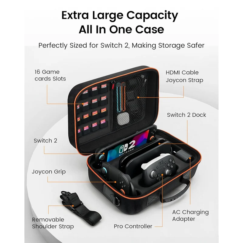 Transnovo All-in-One Travel Carrying Case for Nintendo Switch 2 (Black) (NS2-CC04)