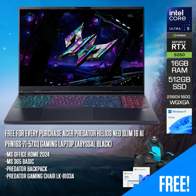 Acer Predator Helios Neo Slim 16 AI PHN16S-71-57XQ Gaming Laptop (Abyssal Black) | 16" WQXGA (2560x1600) OLED 240Hz | Core Ultra 5 235HX | 16GB RAM | 512GB SSD | RTX 5050 |Win11 Home|MS Office Home 2024+MS 365 Basic+Predator Backpack+Predator Gaming Chair