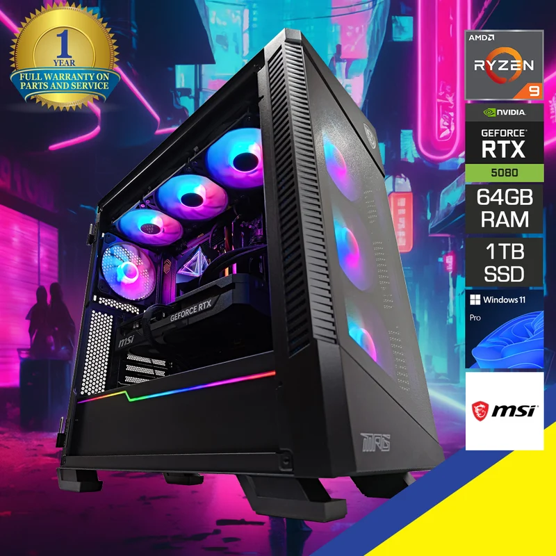 Ultra MSI Velox Black Desktop Gaming PC | AMD Ryzen 9 9900X | 64GB RAM | 1TB SSD | RTX 5080 | Windows 11 Pro