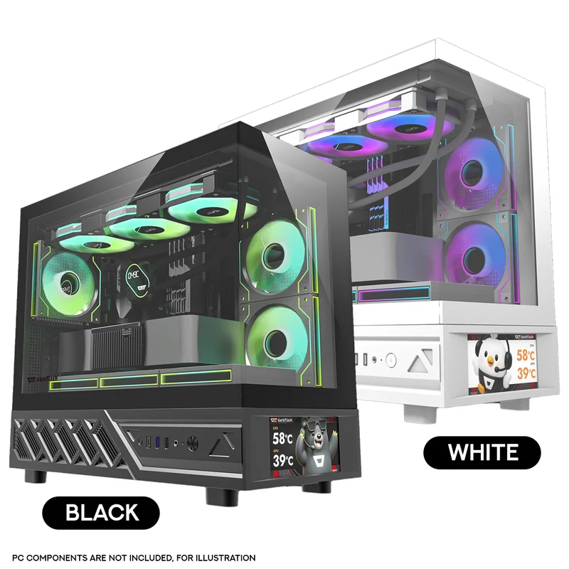 DarkFlash DS950MV M-ATX Glass PC Case with 6" IPS Customizable Display (Black, White)