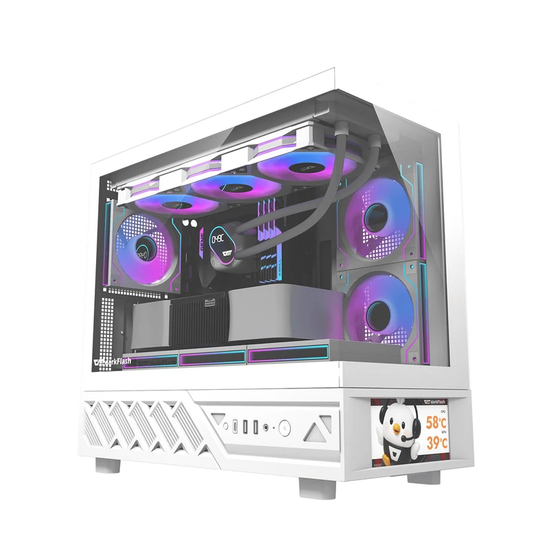 DarkFlash DS950MV M-ATX Glass PC Case with 6" IPS Customizable Display (Black, White)