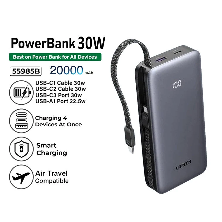 Ugreen 20000mAh 30W Power Bank with Built-in Cable (PB528/55985B)