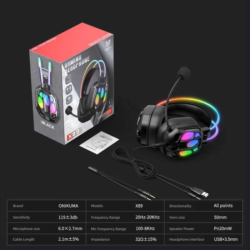 Onikuma X89 RGB Gaming Headphone with Noise-Cancelling Microphone (Black)