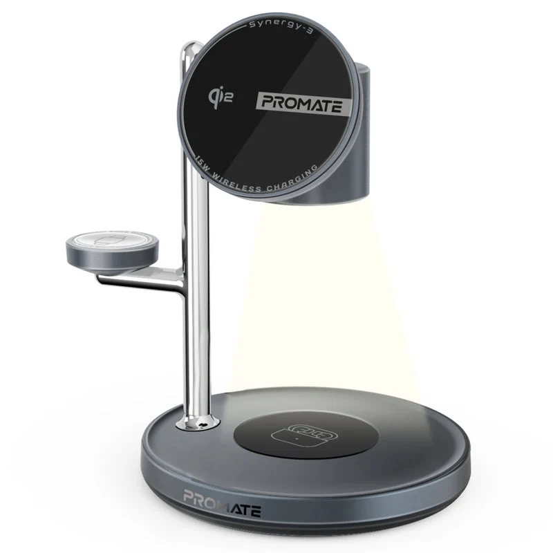 Promate Synergy-3 4-in-1 Qi2 Certified MagSafe Compatible Wireless Charging Station w/ Soft-Glow Night Lamp (Black)