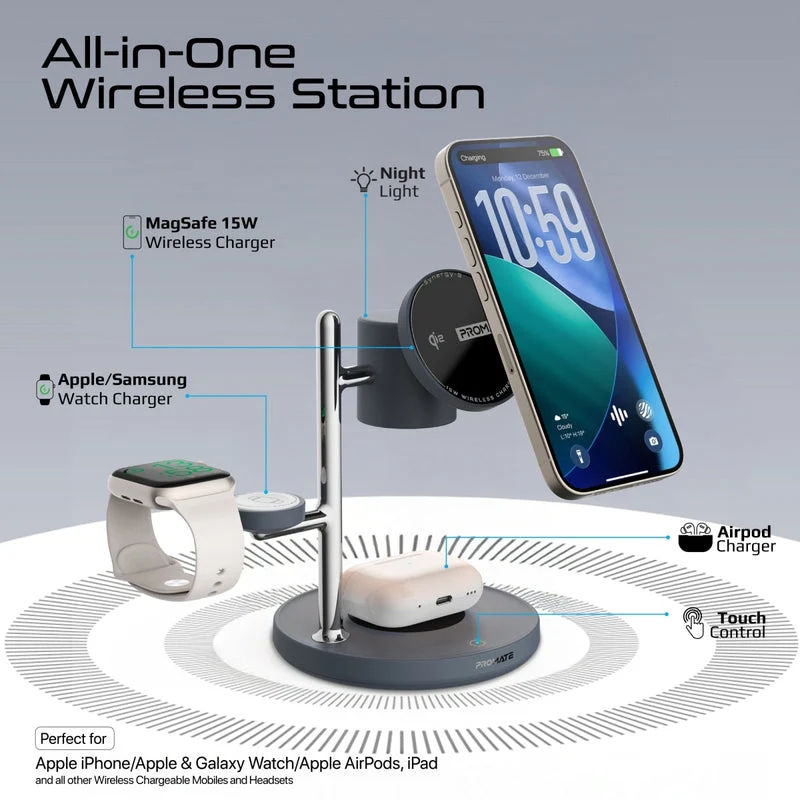 Promate Synergy-3 4-in-1 Qi2 Certified MagSafe Compatible Wireless Charging Station w/ Soft-Glow Night Lamp (Black)