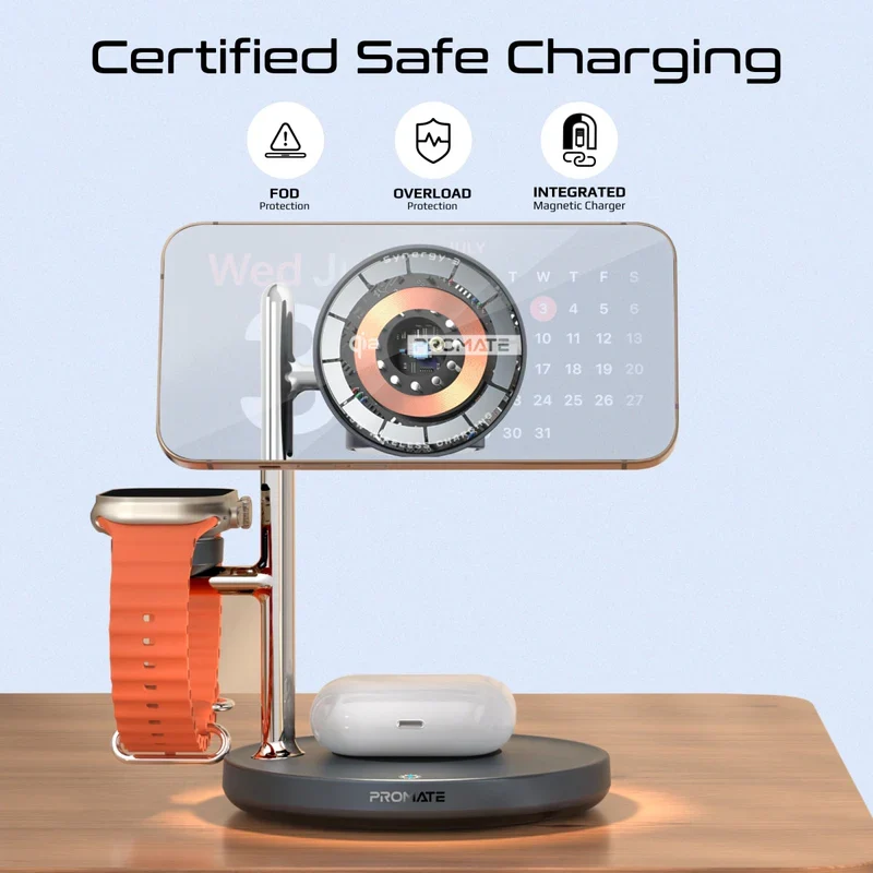 Promate Synergy-3 4-in-1 Qi2 Certified MagSafe Compatible Wireless Charging Station w/ Soft-Glow Night Lamp (Black)