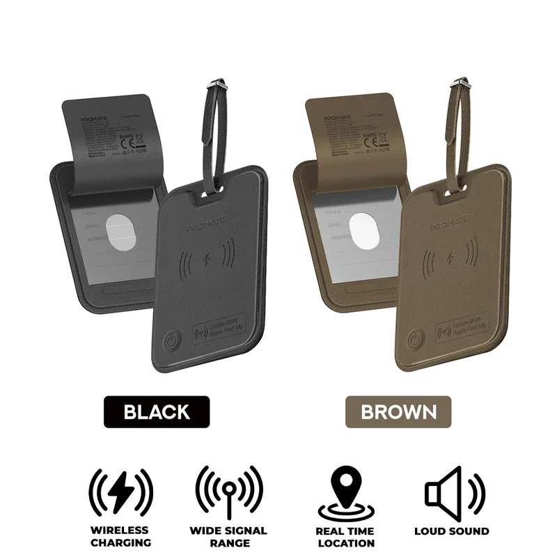 Promate HushTag Anti-Loss Slim Leather Luggage Tag with Smart Tracking (Black, Brown)