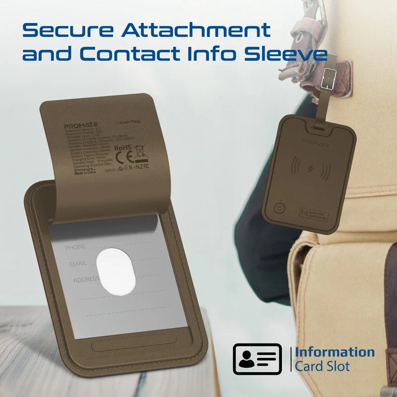 Promate HushTag Anti-Loss Slim Leather Luggage Tag with Smart Tracking (Black, Brown)